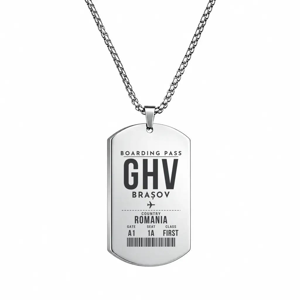 Brașov-Ghimbav International Airport GHV - Necklace - Boarding Pass Style - Silver