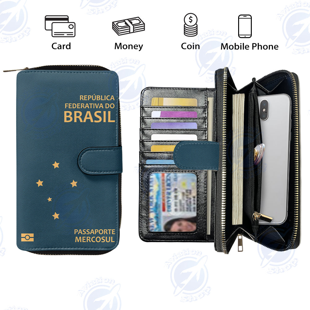 Brasil Passport Designed Leather Long Zipper Wallets