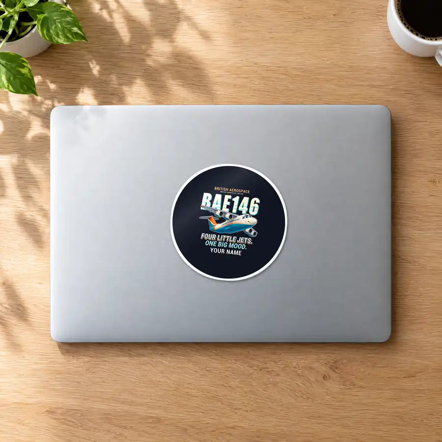 British Aerospace 146-200 - Cartoon + Name - Circle Sticker - MacBook