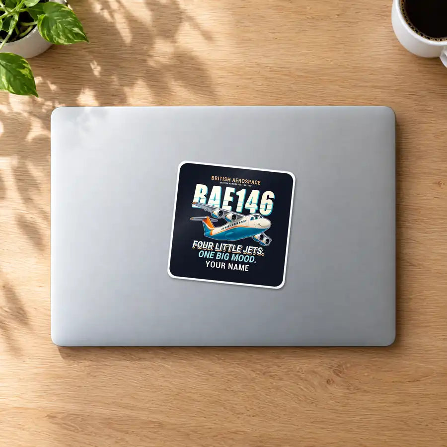 British Aerospace 146-200 - Cartoon + Name - Square Sticker - MacBook