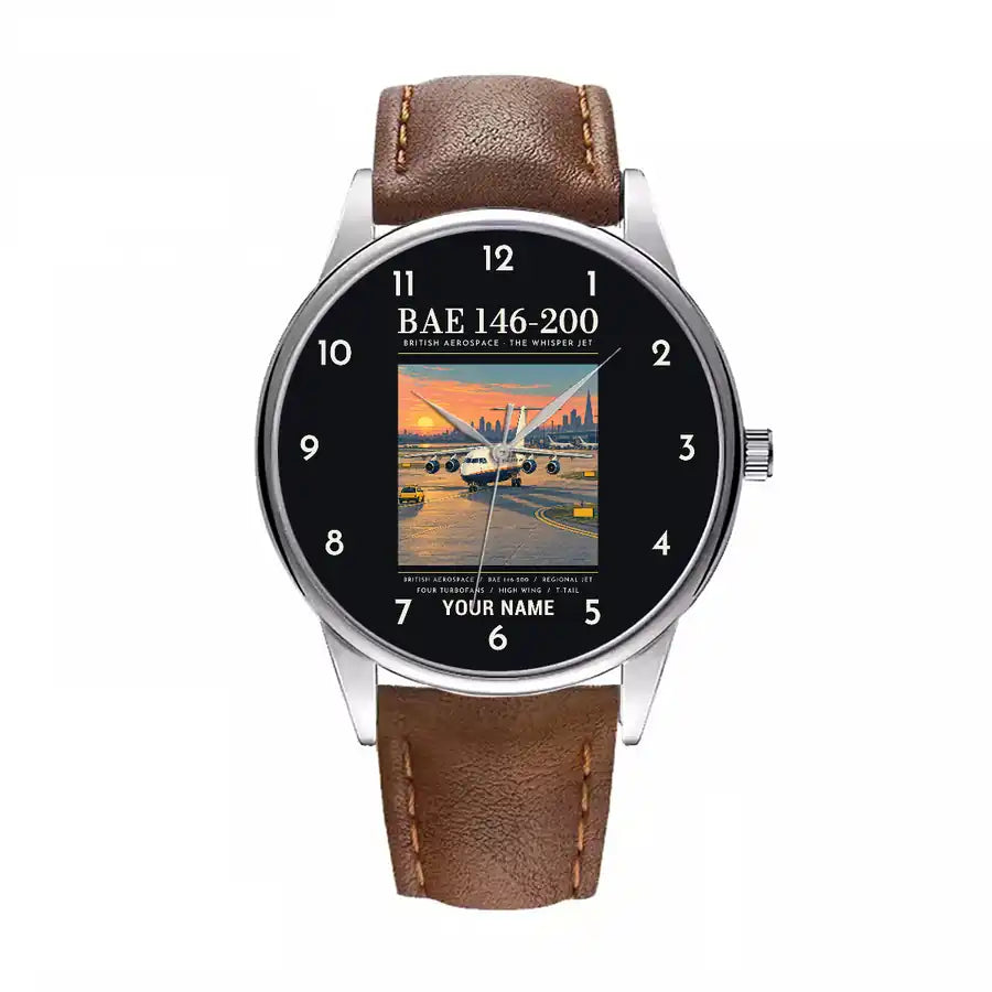 British Aerospace 146-200 - Poster + Name - Leather Strap - Brown Leather Strap