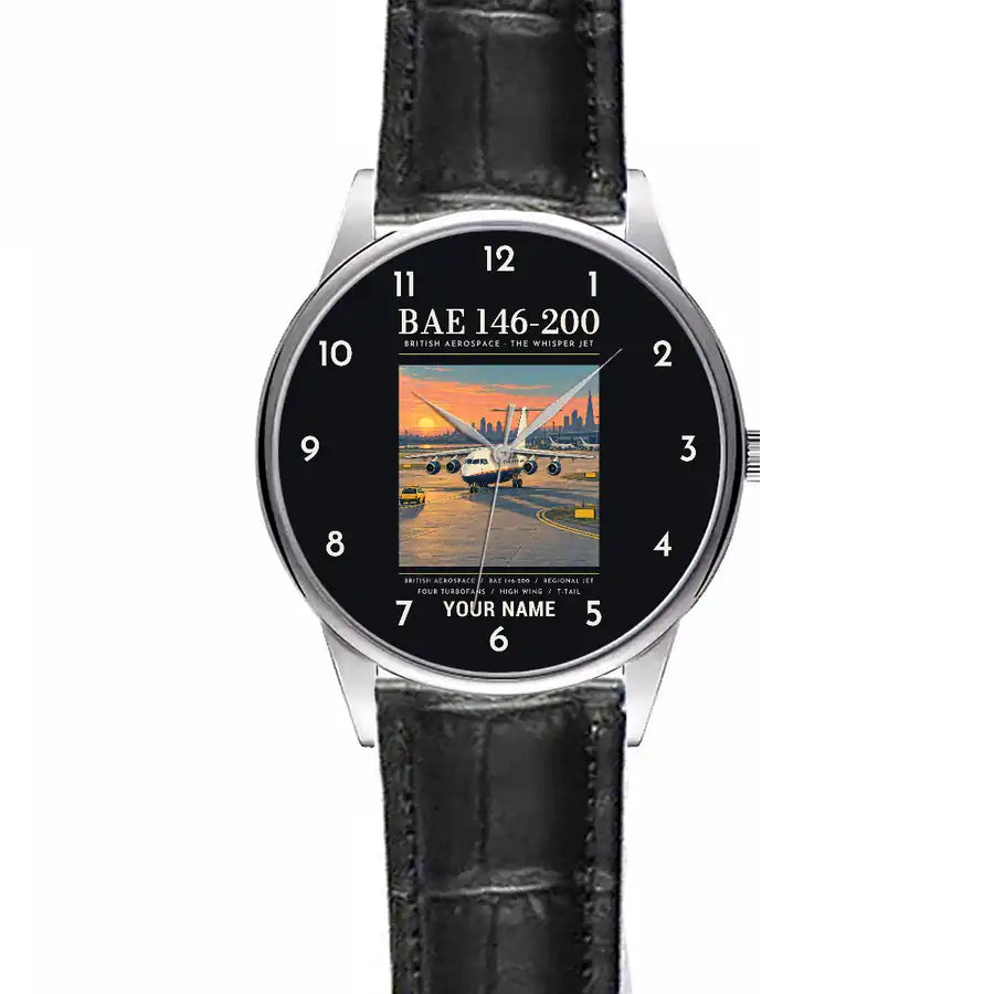 British Aerospace 146-200 - Poster + Name - Leather Strap - Striped Black Leather Strap