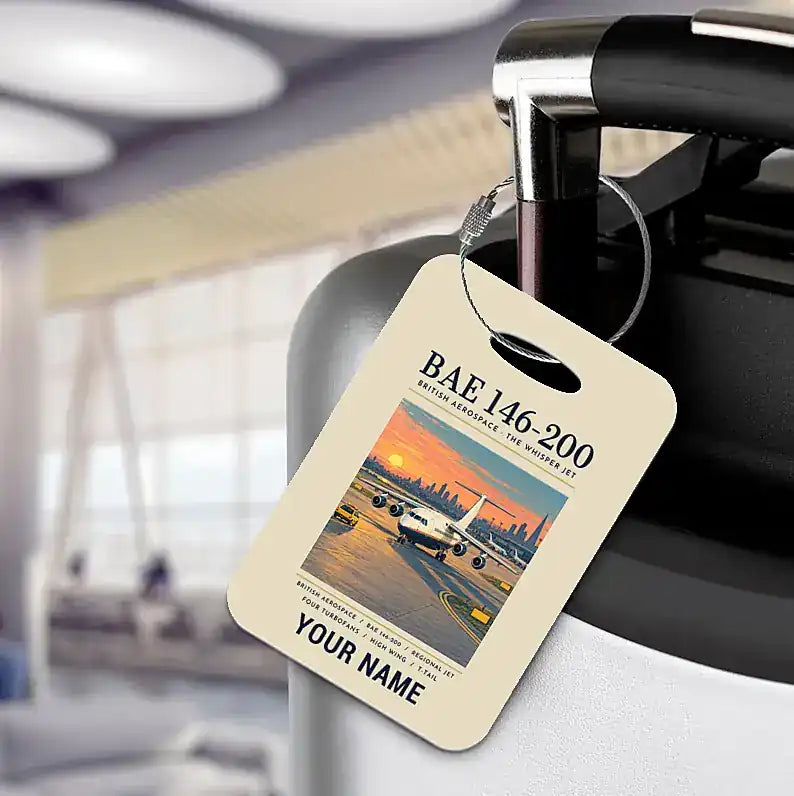 British Aerospace 146-200 - Poster + Name - Luggage Tag - Beige