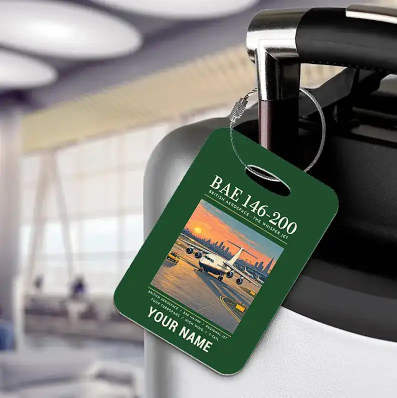 British Aerospace 146-200 - Poster + Name - Luggage Tag - Dark Green
