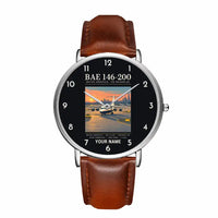 Thumbnail for British Aerospace 146-200 - Poster + Name - Slim Leather - Silver and Brown Leather Strap