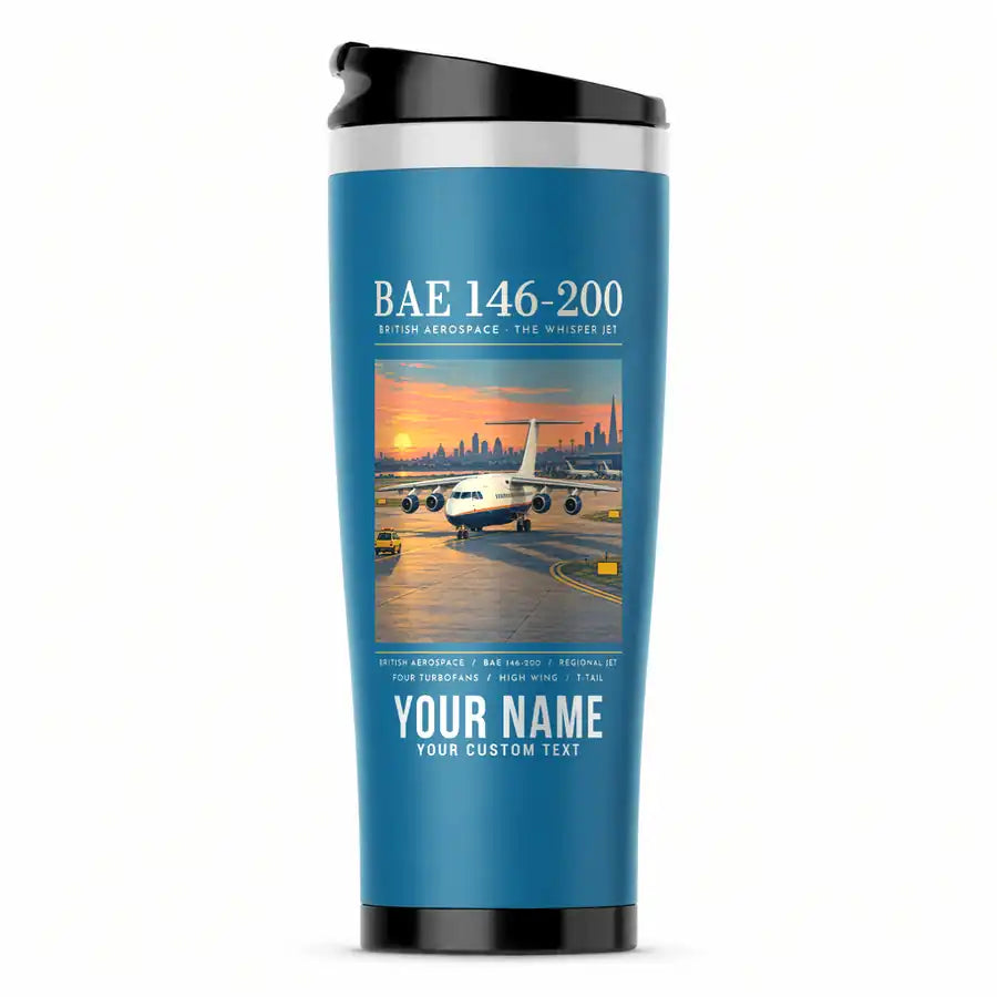 British Aerospace 146-200 - Poster + Name - Stainless Steel (No Holder) - Light Blue