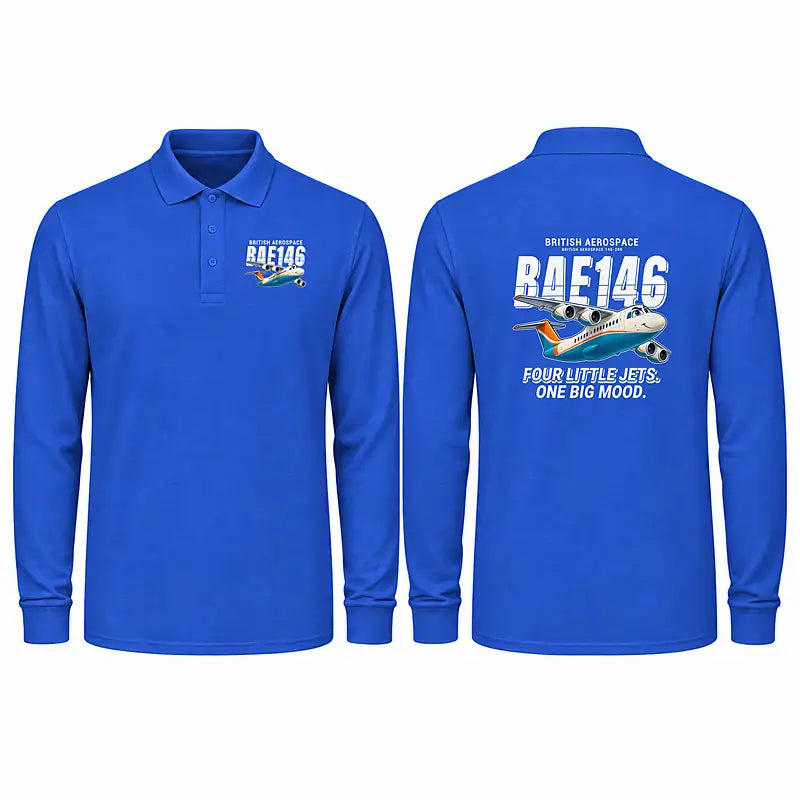 British Aerospace 146-200 Premium Polo T-Shirts - Cartoon - Long Sleeve - Blue