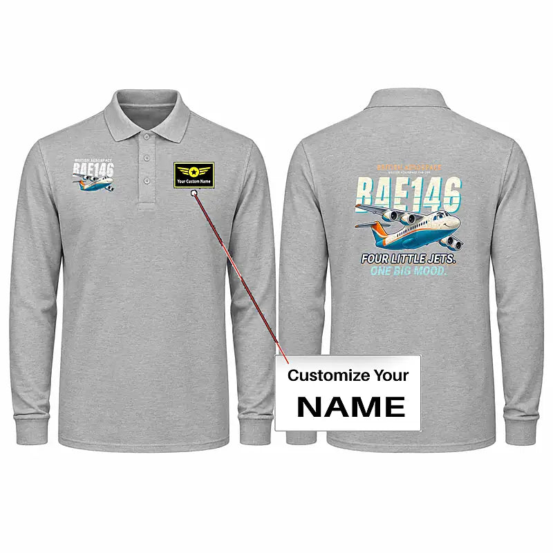 British Aerospace 146-200 Premium Polo T-Shirts - Cartoon + Name - Long Sleeve - Gray