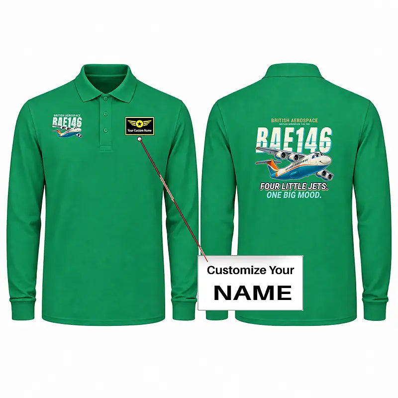 British Aerospace 146-200 Premium Polo T-Shirts - Cartoon + Name - Long Sleeve - Green