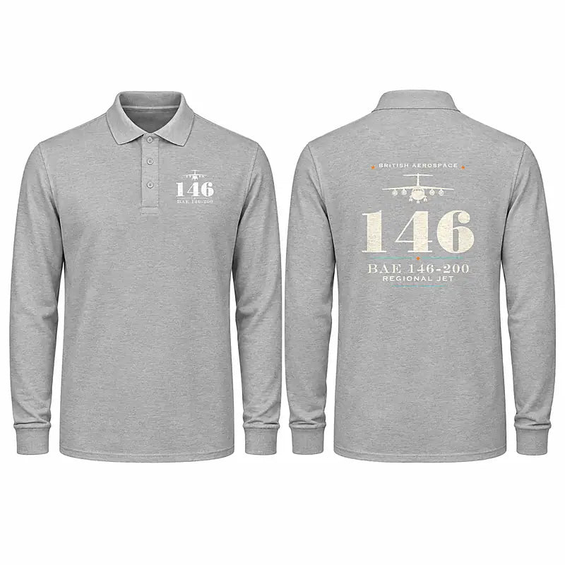 British Aerospace 146-200 Premium Polo T-Shirts - Heritage - Long Sleeve - Gray