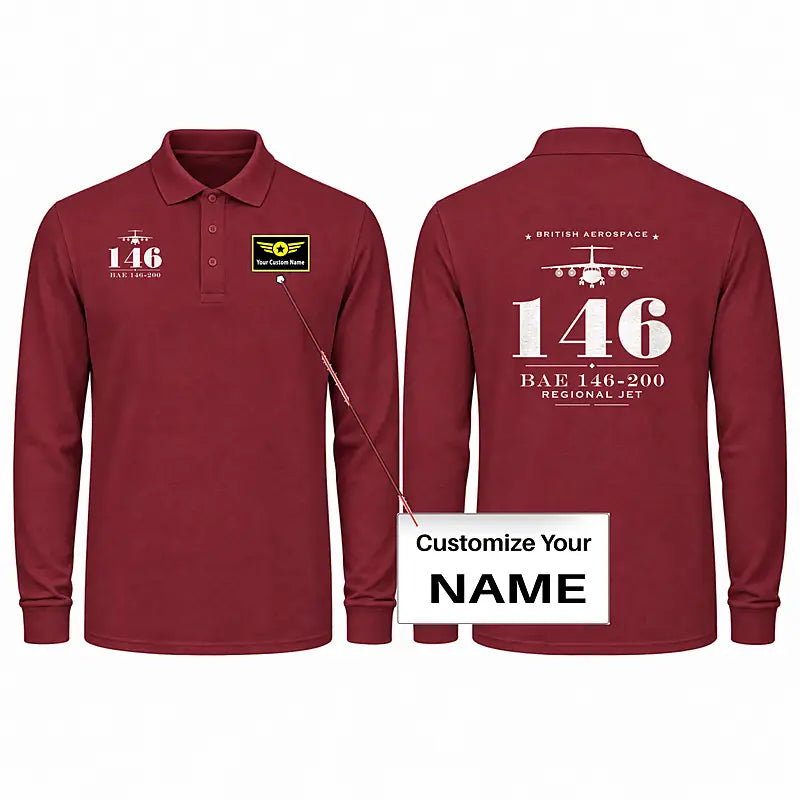 British Aerospace 146-200 Premium Polo T-Shirts - Heritage + Name - Long Sleeve - Dark Red