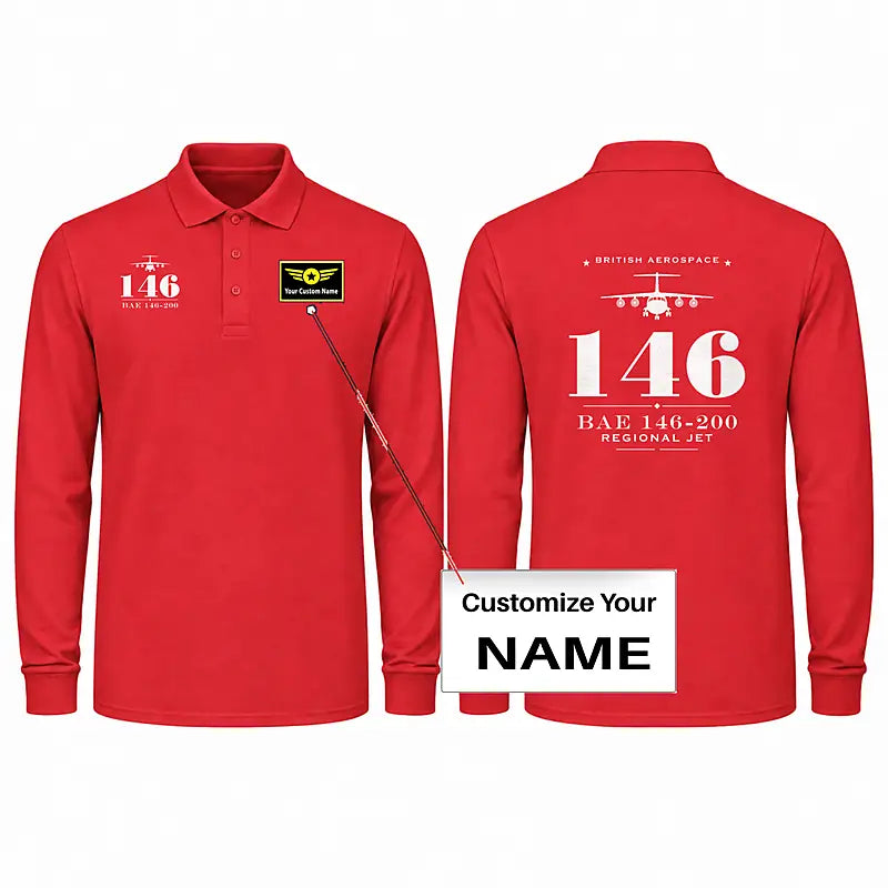 British Aerospace 146-200 Premium Polo T-Shirts - Heritage + Name - Long Sleeve - Red