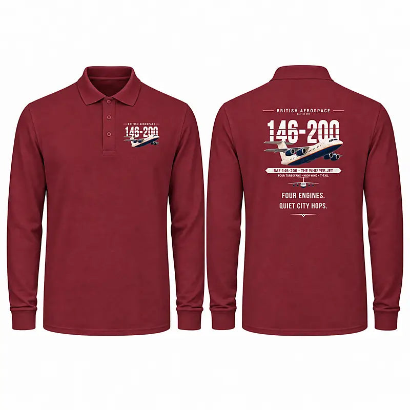 British Aerospace 146-200 Premium Polo T-Shirts - Original - Long Sleeve - Dark Red