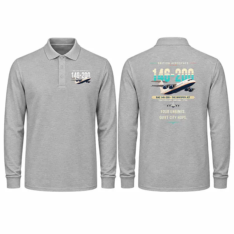 British Aerospace 146-200 Premium Polo T-Shirts - Original - Long Sleeve - Gray