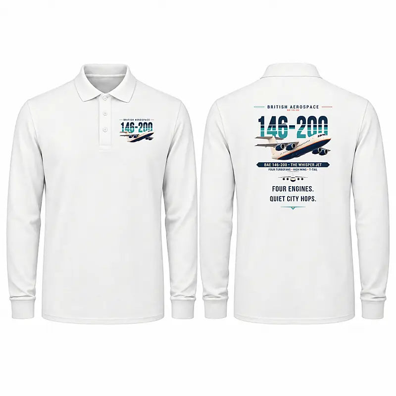 British Aerospace 146-200 Premium Polo T-Shirts - Original - Long Sleeve - White