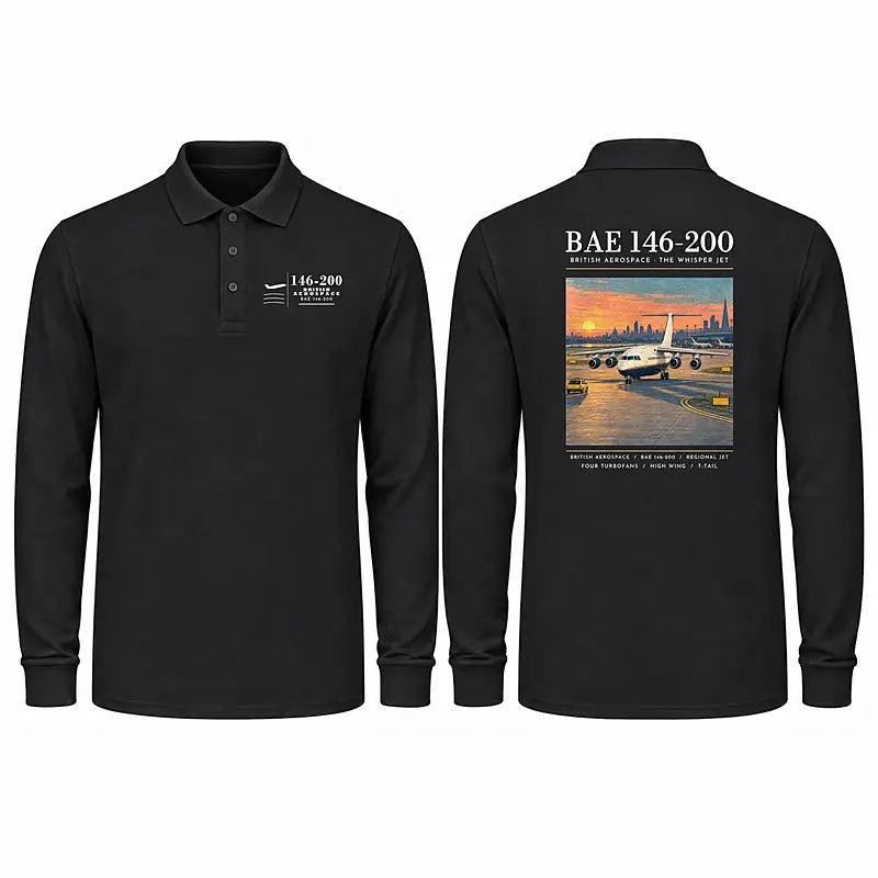 British Aerospace 146-200 Premium Polo T-Shirts - Poster - Long Sleeve - Black