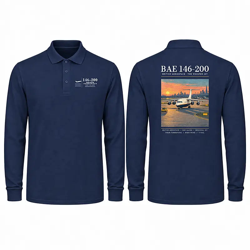 British Aerospace 146-200 Premium Polo T-Shirts - Poster - Long Sleeve - Dark Blue