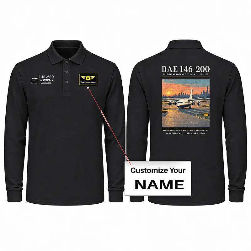 British Aerospace 146-200 Premium Polo T-Shirts - Poster + Name - Long Sleeve - Black