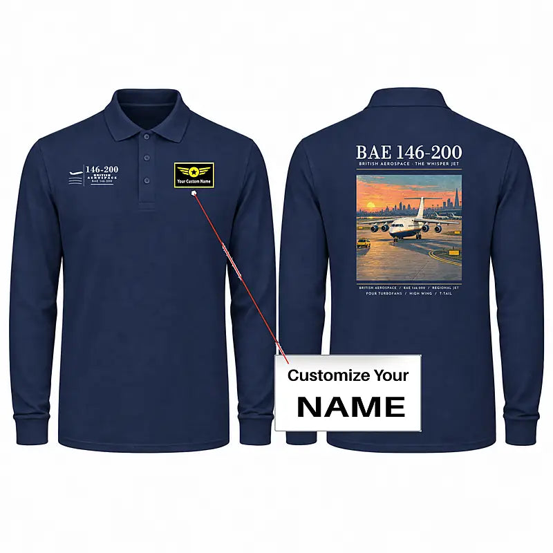 British Aerospace 146-200 Premium Polo T-Shirts - Poster + Name - Long Sleeve - Dark Blue
