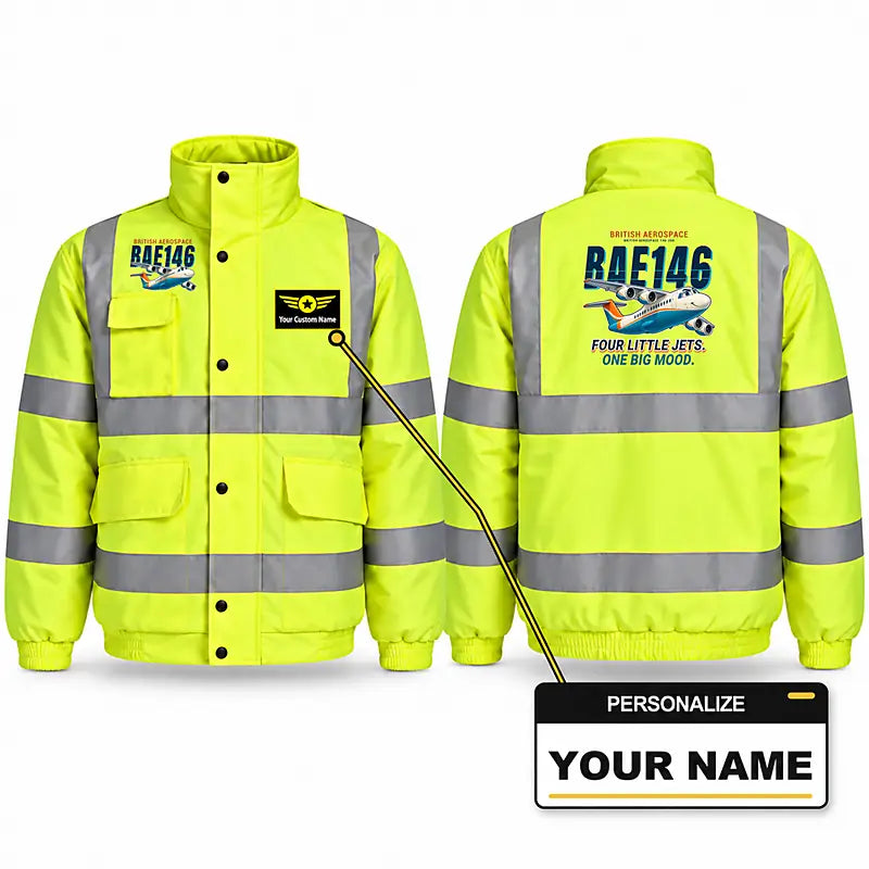British Aerospace 146-200 Reflective Winter Jackets - Cartoon + Name - Fluorescent Yellow