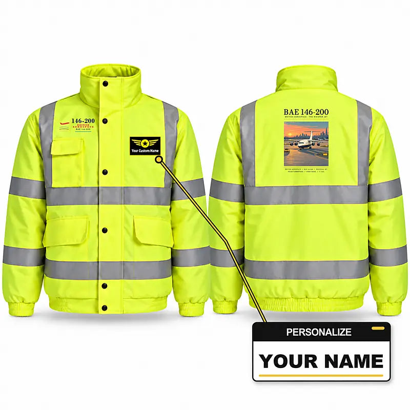 British Aerospace 146-200 Reflective Winter Jackets - Poster + Name - Fluorescent Yellow