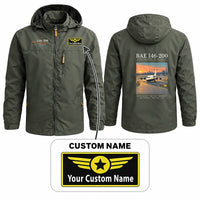 Thumbnail for British Aerospace 146-200 Stylish Jackets - Hooded Windbreaker - Poster + Name - Olive Green
