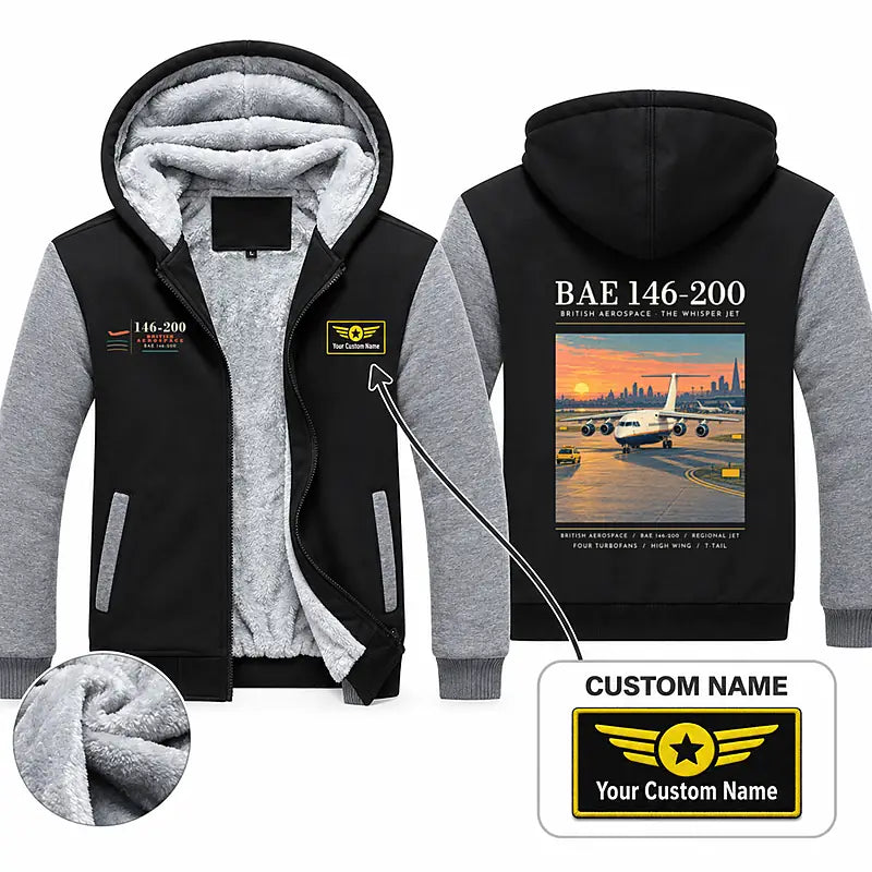 British Aerospace 146-200 Zipped Sweatshirts - Poster + Name - Black & Gray