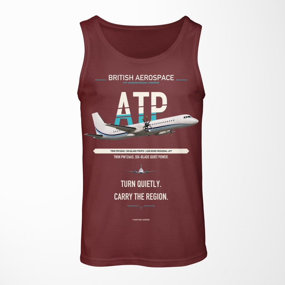 British Aerospace ATP design on dark red tank top