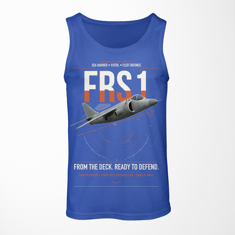British Aerospace Sea Harrier FRS.1 design on blue tank top