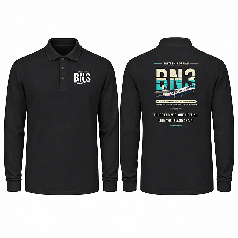 Britten-Norman BN-2A Mk III Trislander Premium Polo T-Shirts - Original - Long Sleeve - Black