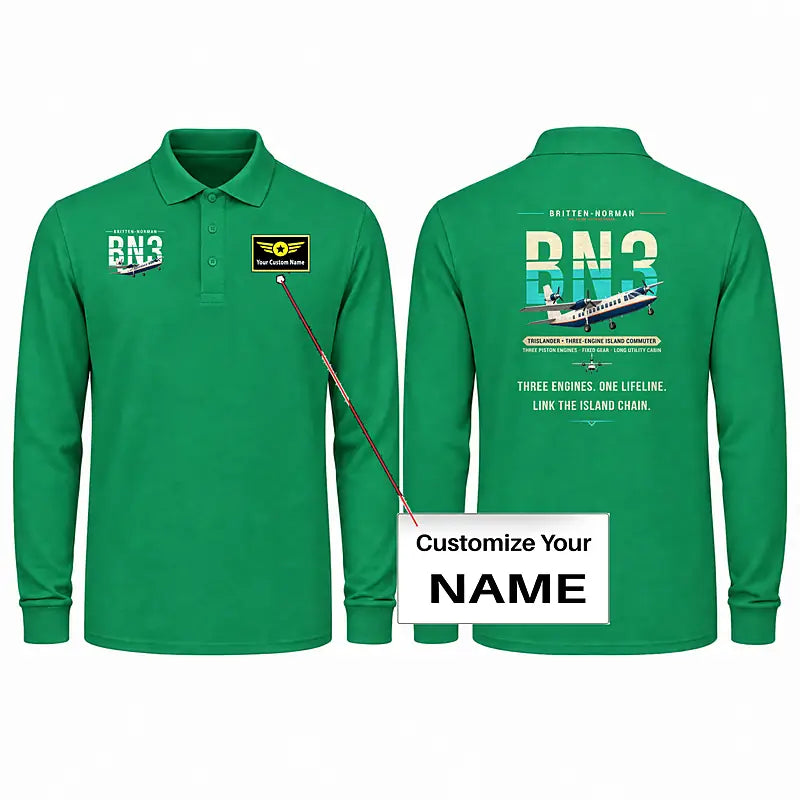 Britten-Norman BN-2A Mk III Trislander Premium Polo T-Shirts - Original + Name - Long Sleeve - Green