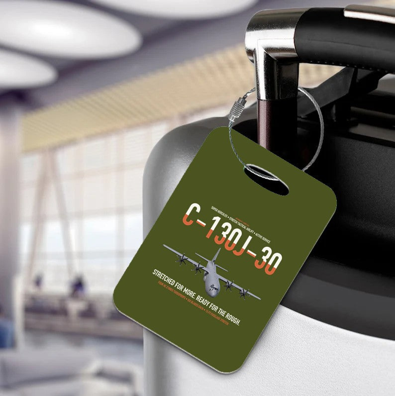 C-130J-30 Super Hercules design on green army acrylic luggage tags, double-side print