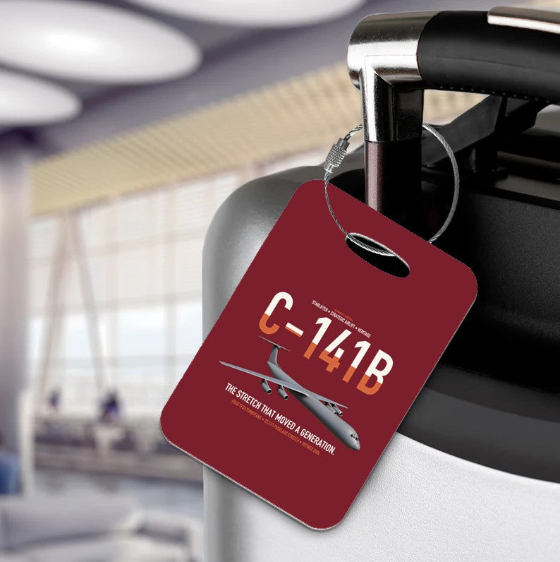 C-141B Starlifter design on dark red acrylic luggage tags, double-side print