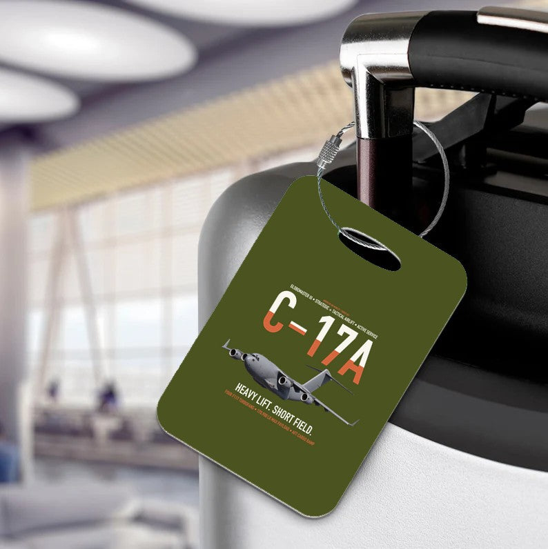 C-17A Globemaster III design on green army acrylic luggage tags, double-side print