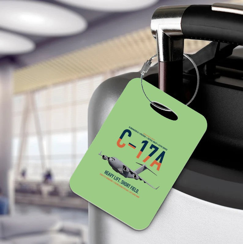 C-17A Globemaster III design on light green acrylic luggage tags, double-side print