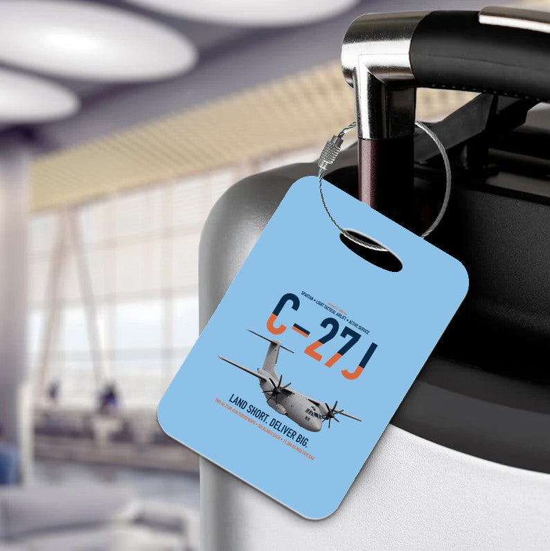 C-27J Spartan design on light blue acrylic luggage tags, double-side print