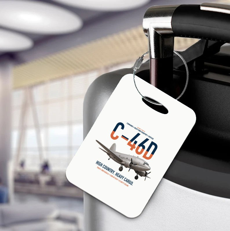 C-46D Commando design on white acrylic luggage tags, double-side print