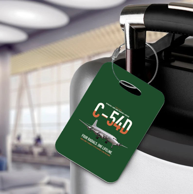 C-54D Skymaster design on dark green acrylic luggage tags, double-side print
