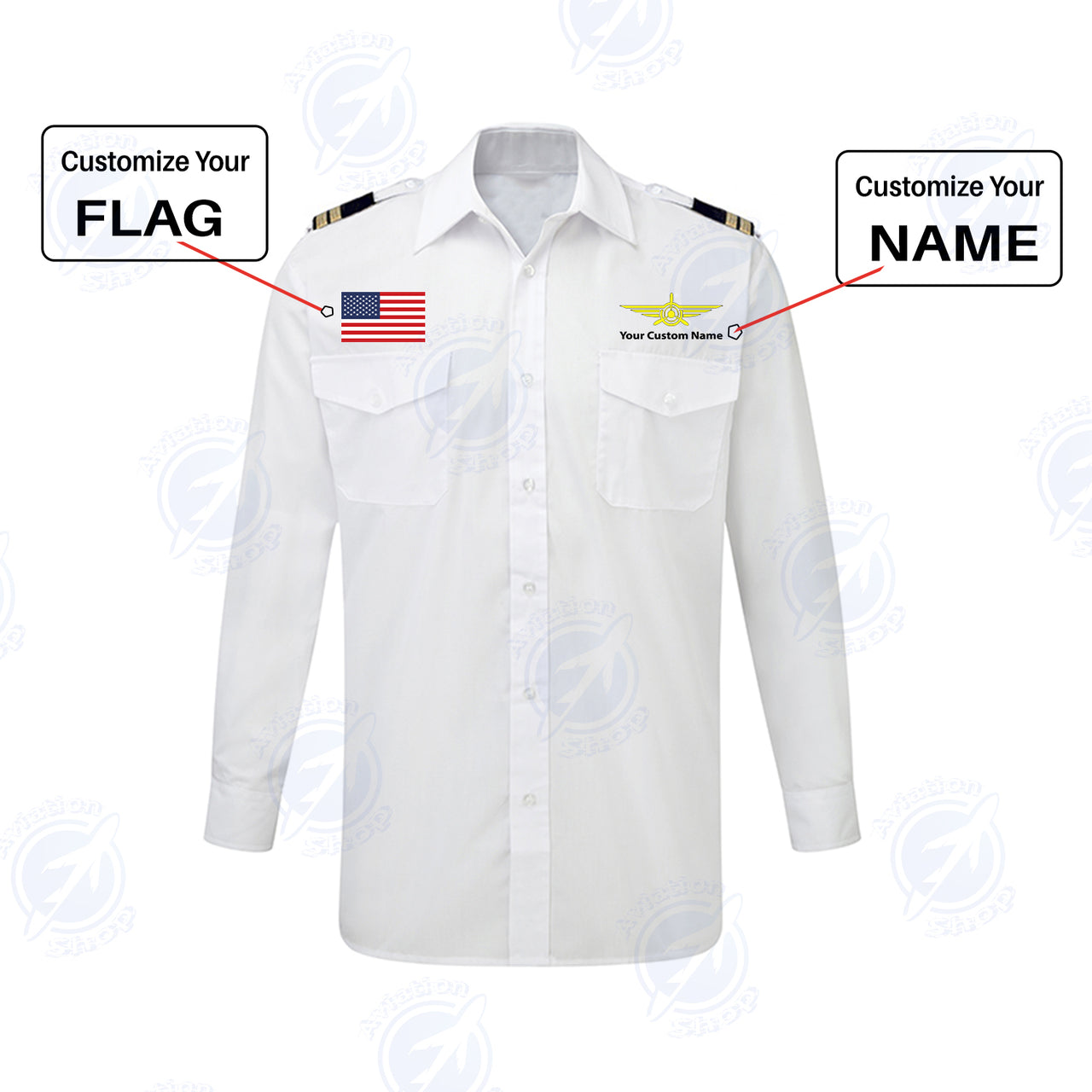 Custom Flag & Name with EPAULETTES (Badge 3) Designed Long Sleeve Pilot Shirts
