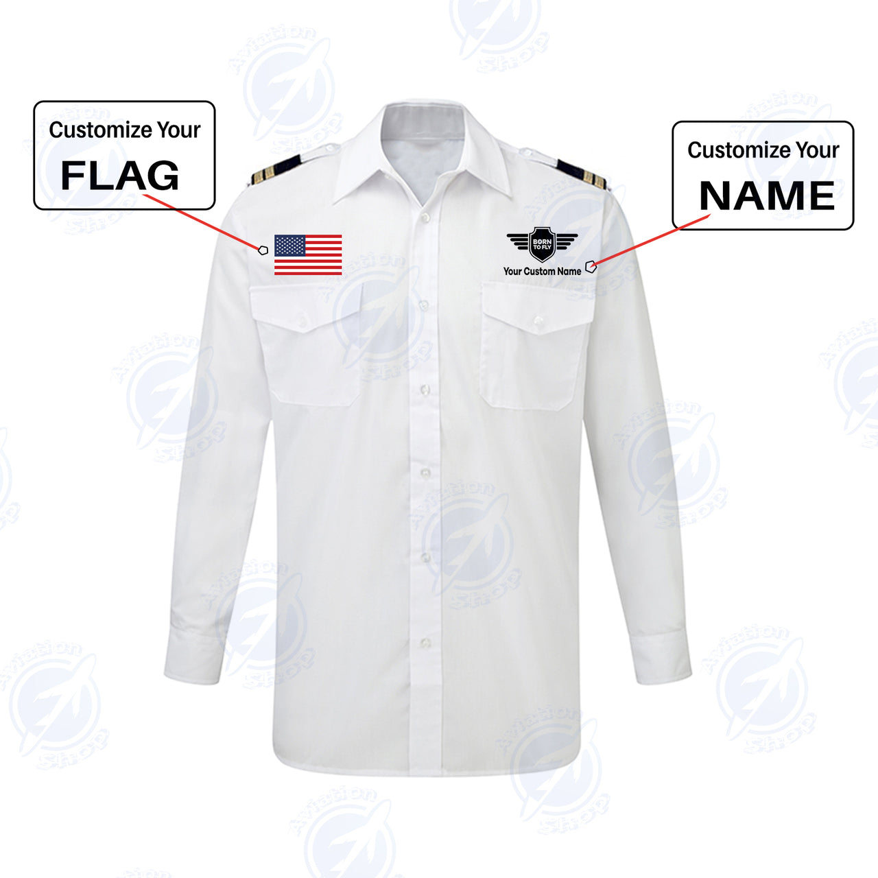 Custom Flag & Name with EPAULETTES (Badge 5) Designed Long Sleeve Pilot Shirts