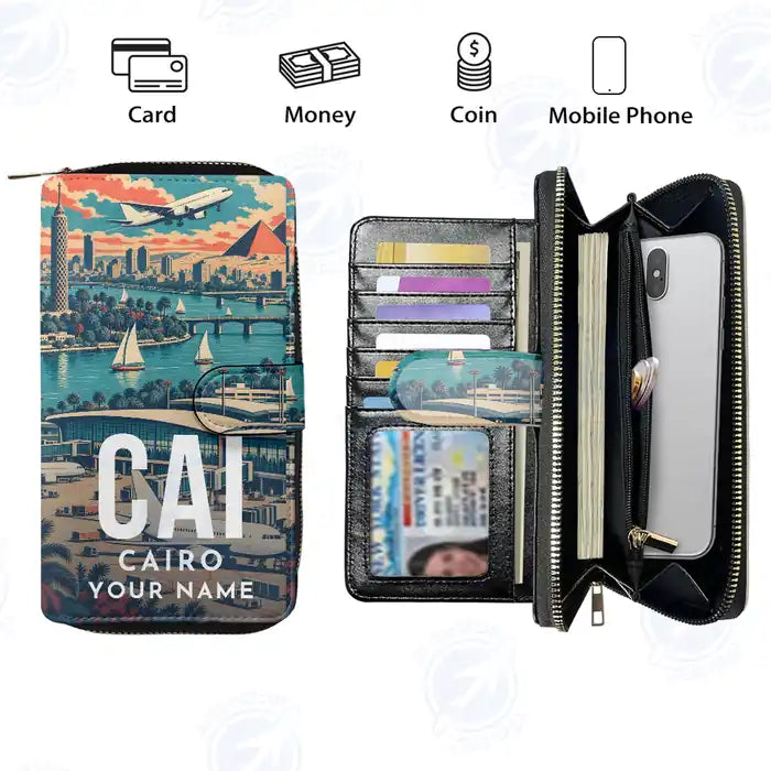 Cairo International Airport (CAI) Leather Wallets - Zip Long Wallet - Scene + Name