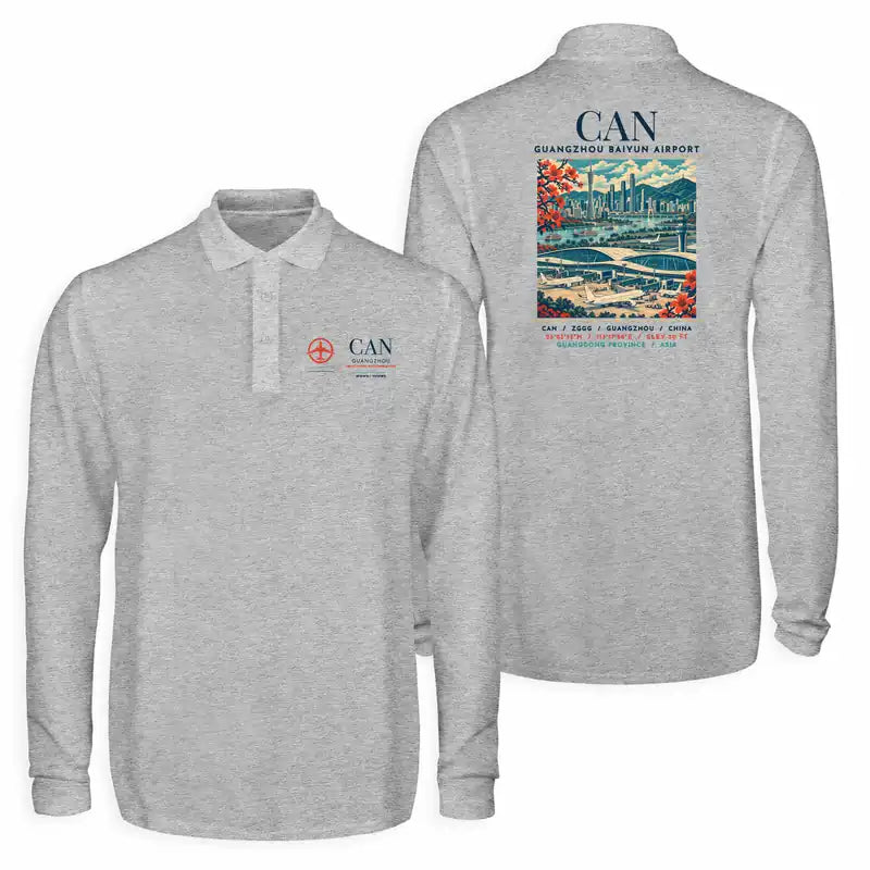 Guangzhou Baiyun International Airport (CAN) Premium Polo T-Shirts - Poster - Long Sleeve - Gray