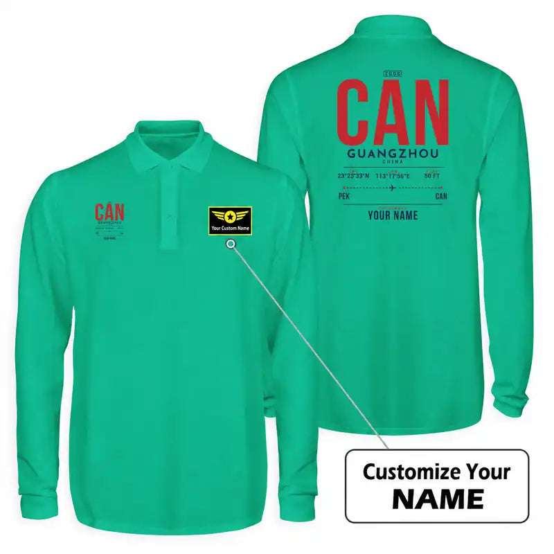 Guangzhou Baiyun International Airport (CAN) Premium Polo T-Shirts - Tag Custom - Long Sleeve - Green