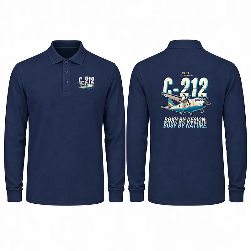 CASA C-212-100 Aviocar Premium Polo T-Shirts - Cartoon - Long Sleeve - Dark Blue