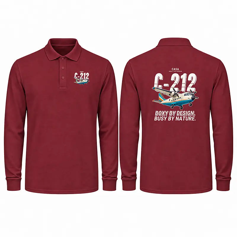 CASA C-212-100 Aviocar Premium Polo T-Shirts - Cartoon - Long Sleeve - Dark Red