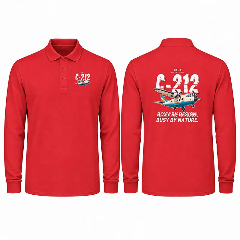 CASA C-212-100 Aviocar Premium Polo T-Shirts - Cartoon - Long Sleeve - Red