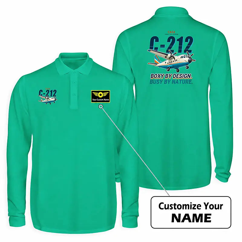 CASA C-212-100 Aviocar Premium Polo T-Shirts - Cartoon + Name - Long Sleeve - Green