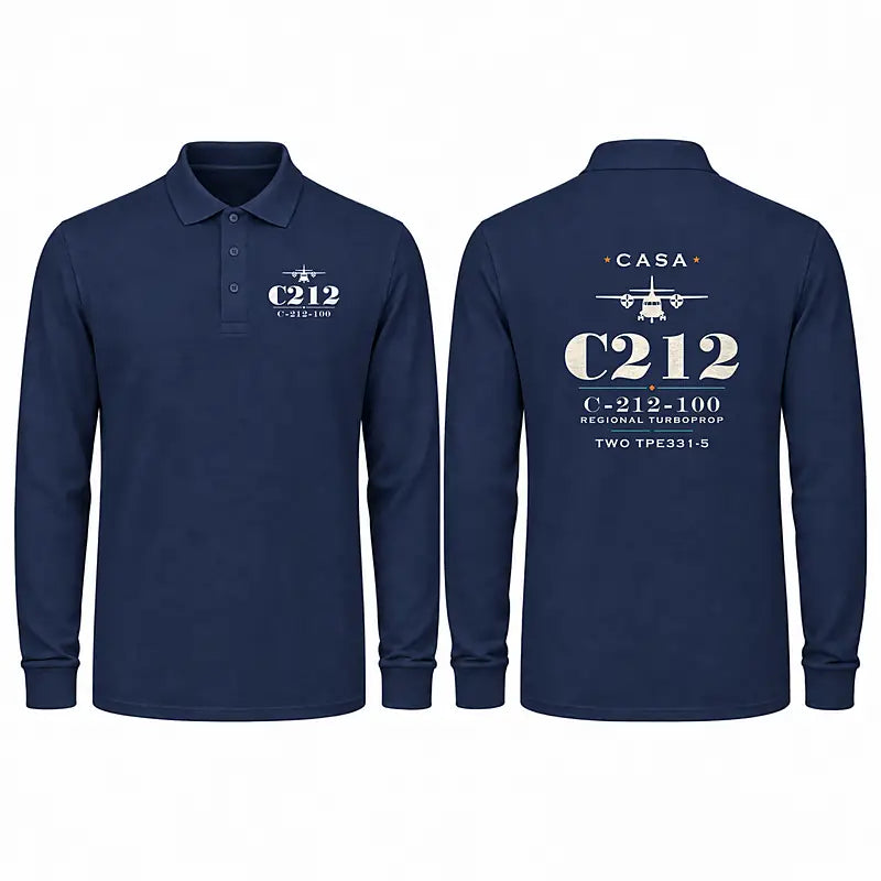CASA C-212-100 Aviocar Premium Polo T-Shirts - Heritage - Long Sleeve - Dark Blue