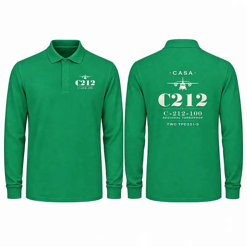 CASA C-212-100 Aviocar Premium Polo T-Shirts - Heritage - Long Sleeve - Green