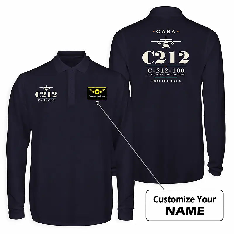 CASA C-212-100 Aviocar Premium Polo T-Shirts - Heritage + Name - Long Sleeve - Dark Blue